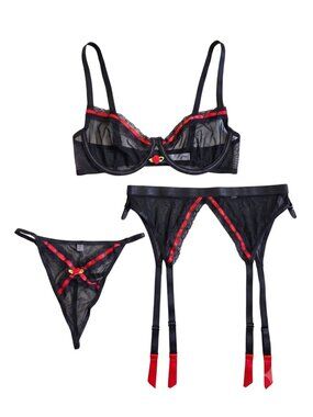 NWT Coquette Black Red Mesh 3pc Lingerie Set Bra Garter G-String Small